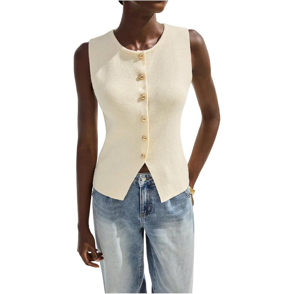 Women's Knit Vest Top Sleeveless Button Down Vintage Old Money Style - Picture 3 of 5